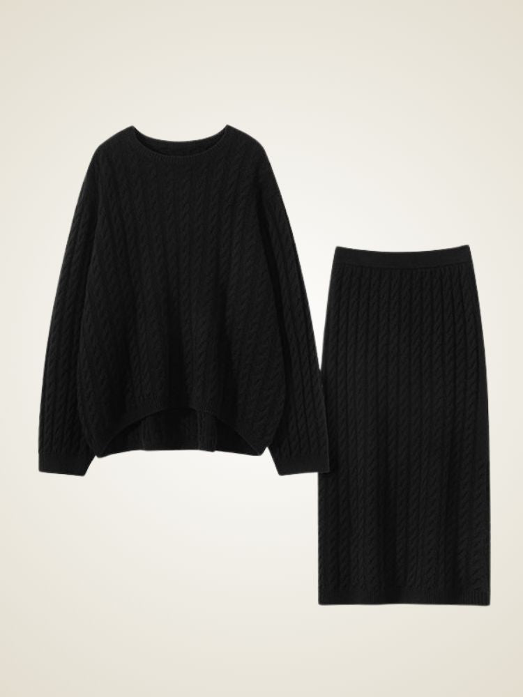 Natalina - Black Cable-Knit Cashmere Set | The Cashmere Studio