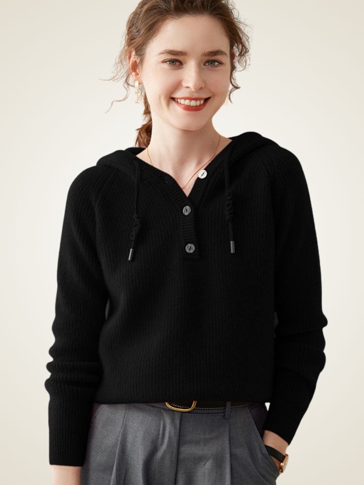 Analina - Black Buttoned Cashmere Hoodie | The Cashmere Studio