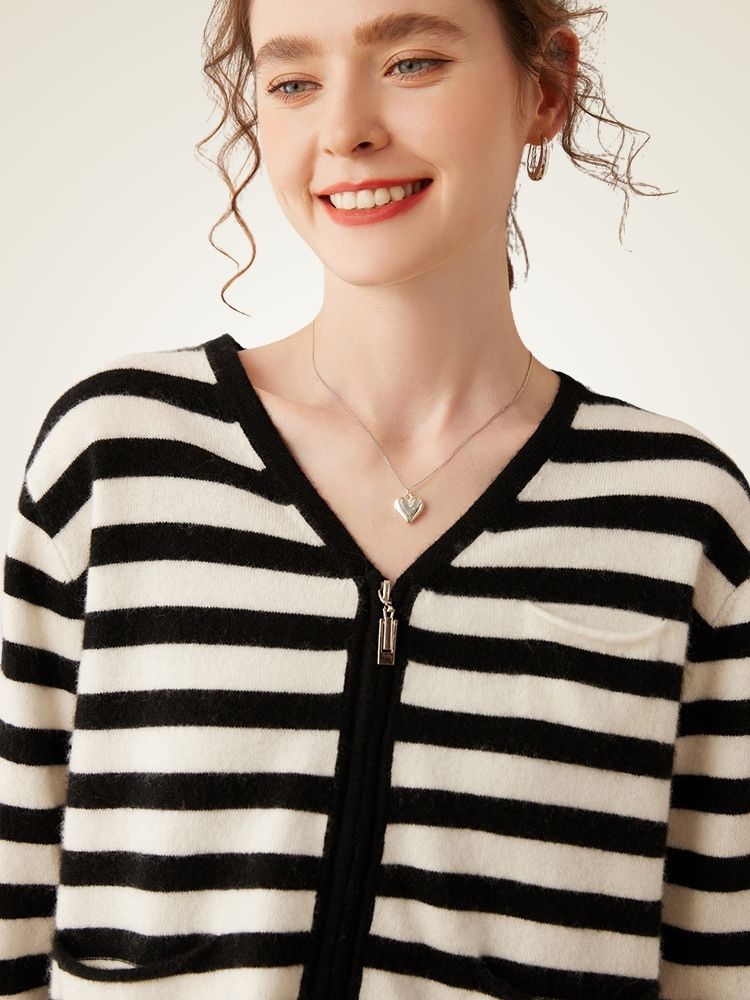 Edelina - Black Striped Zip-Up Cashmere Cardigan | The Cashmere Studio