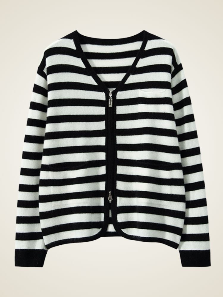 Edelina - Black Striped Zip-Up Cashmere Cardigan | The Cashmere Studio
