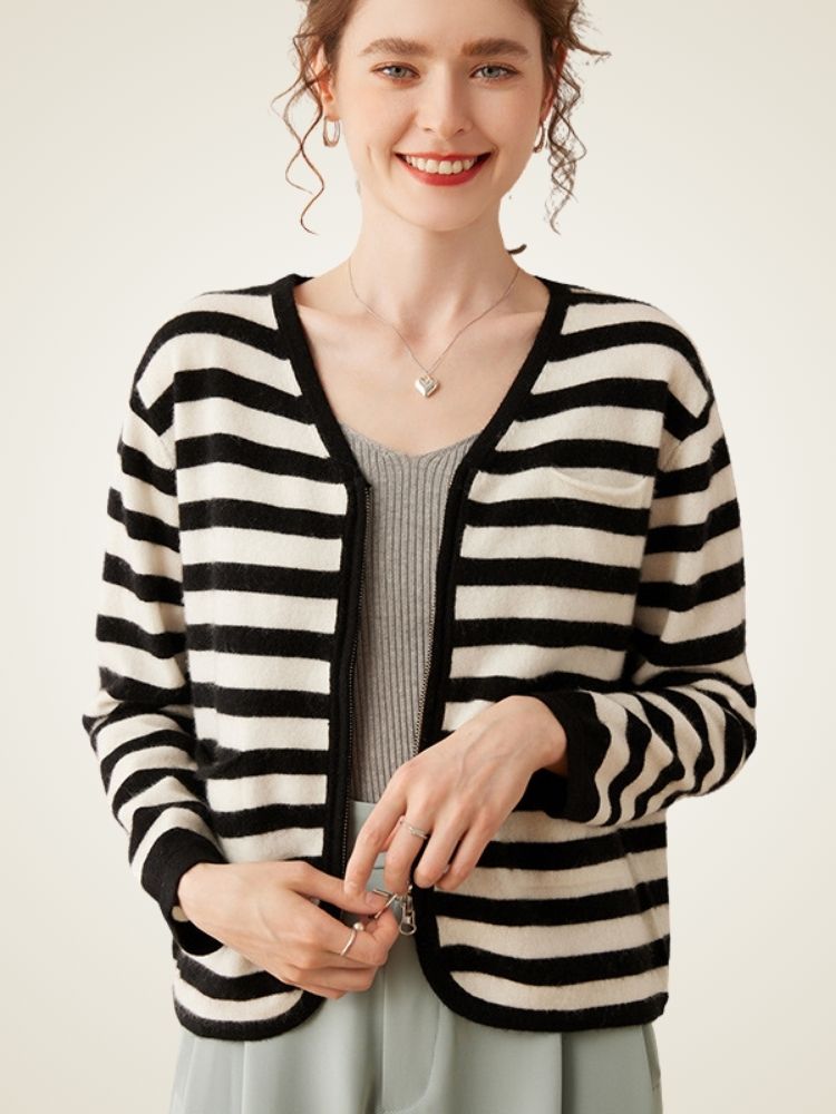 Edelina - Black Striped Zip-Up Cashmere Cardigan | The Cashmere Studio