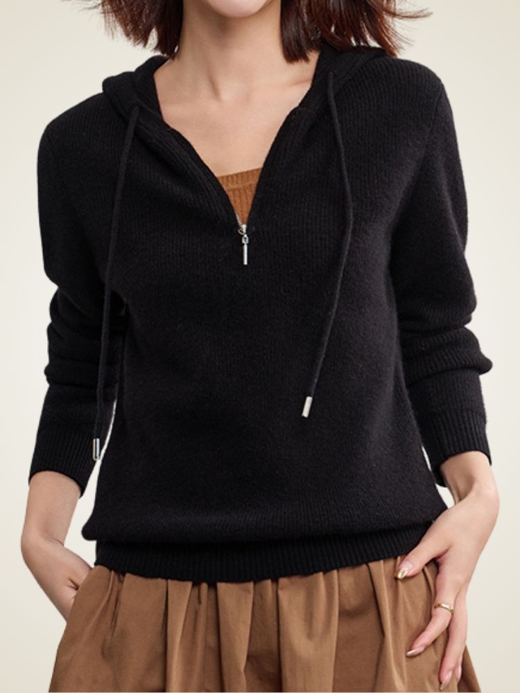 Adelise - Black Zip-Up Cashmere Hoodie | The Cashmere Studio
