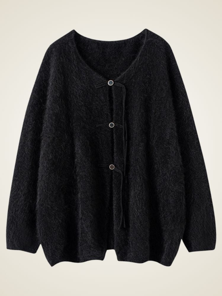 Severina - Black Tie-Front Fuzzy Knit Cardigan | The Cashmere Studio