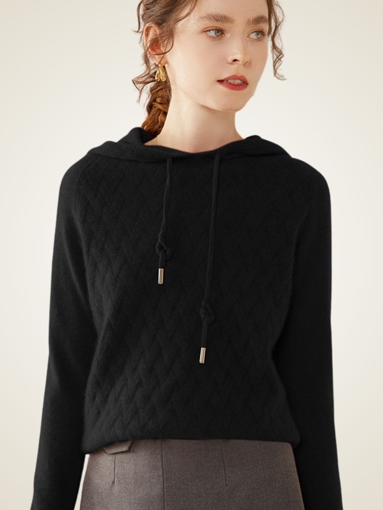 Amelise - Black Chevron Knitted Cashmere Hoodie | The Cashmere Studio