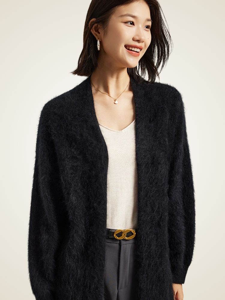 Jisel - Black Long Brushed Cashmere Cardigan | The Cashmere Studio