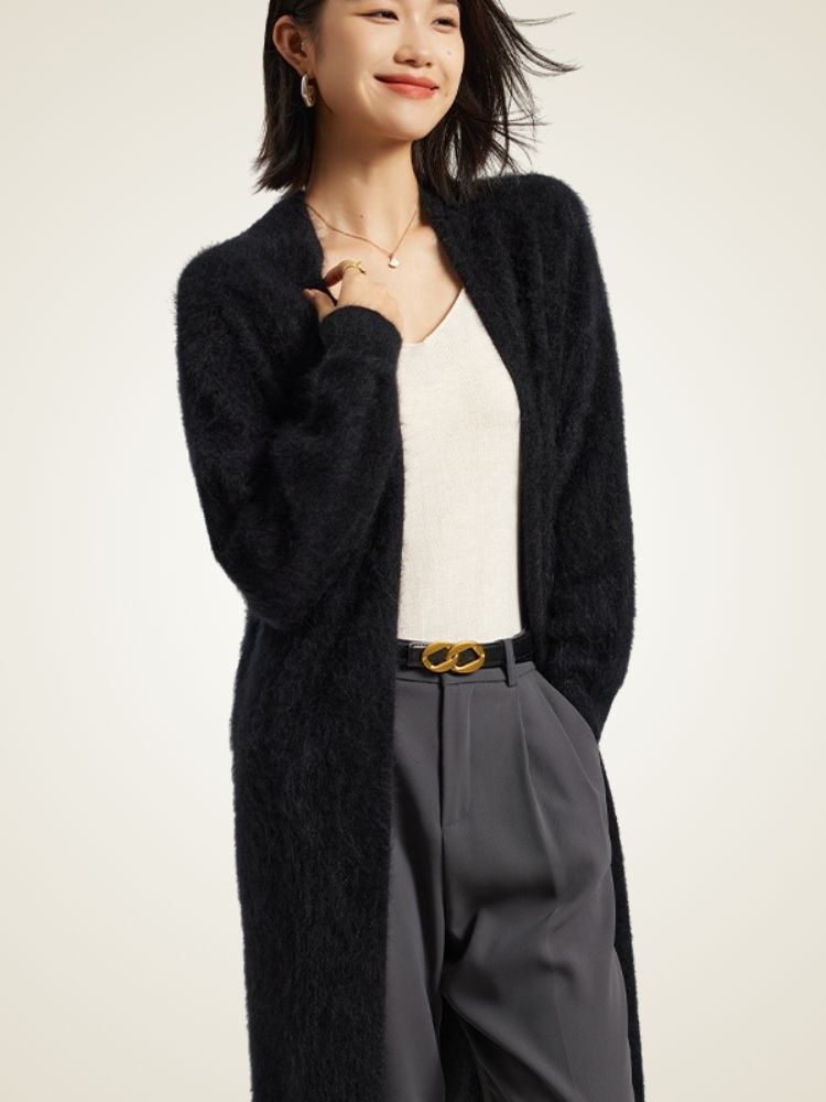 Jisel - Black Long Brushed Cashmere Cardigan | The Cashmere Studio