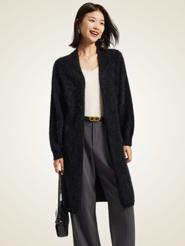 Jisel - Black Long Brushed Cashmere Cardigan | The Cashmere Studio