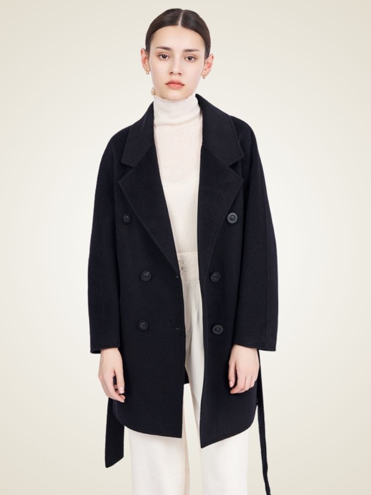 Delara - Black Double-Breasted Cashmere Coat | The Cashmere Studio
