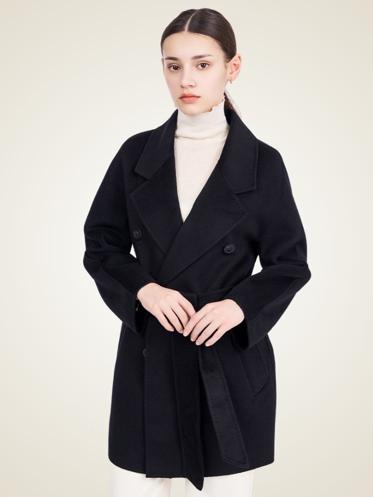 Delara - Black Double-Breasted Cashmere Coat | The Cashmere Studio