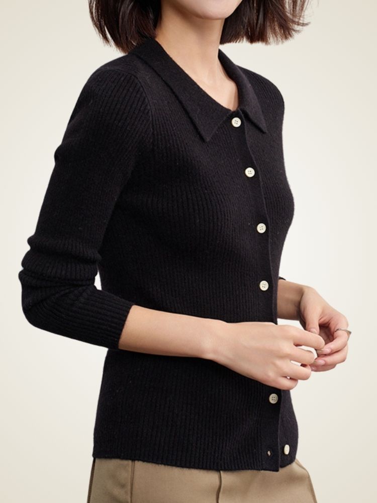 Posie - Black Ribbed Cashmere Cardigan | The Cashmere Studio