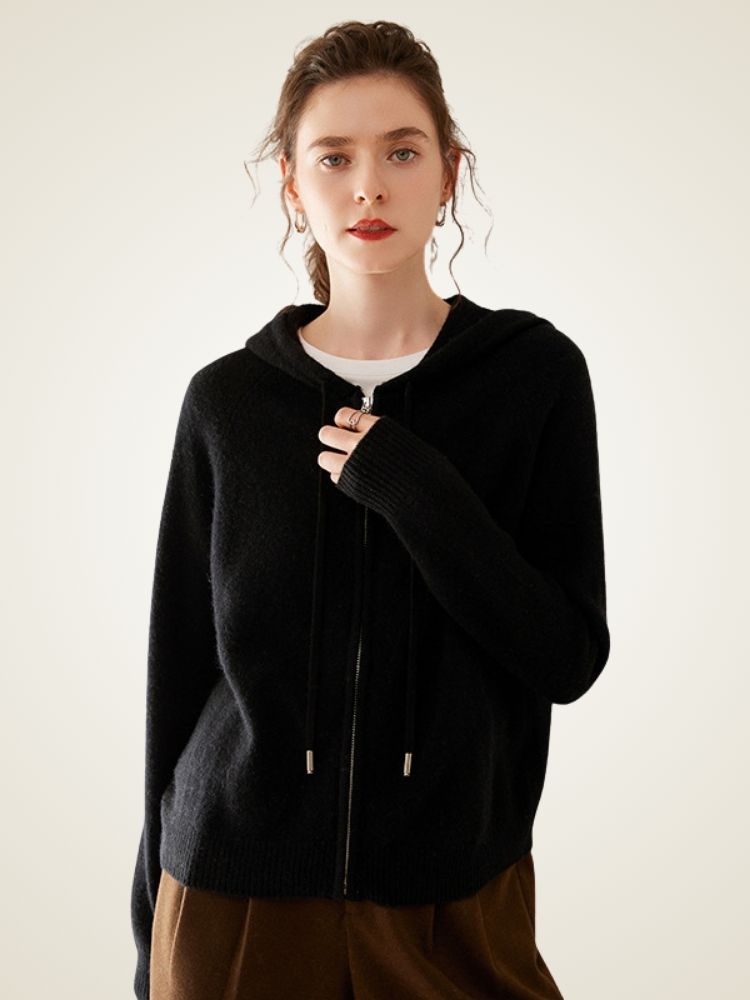 Hesper - Black Soft Cashmere Zip-Up Hoodie | The Cashmere Studio
