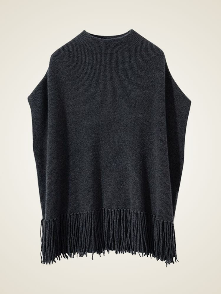 Lianne - Black Cashmere Poncho with Fringe | The Cashmere Studio