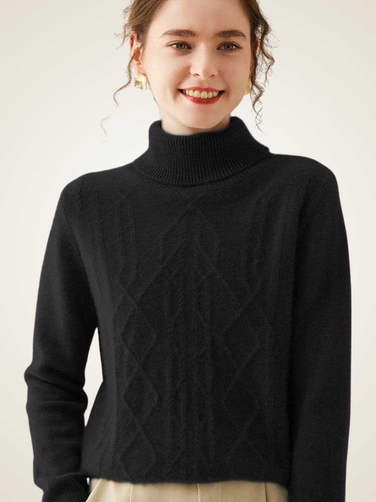 Oriana - Black Cable-Knit Cashmere Turtleneck | The Cashmere Studio