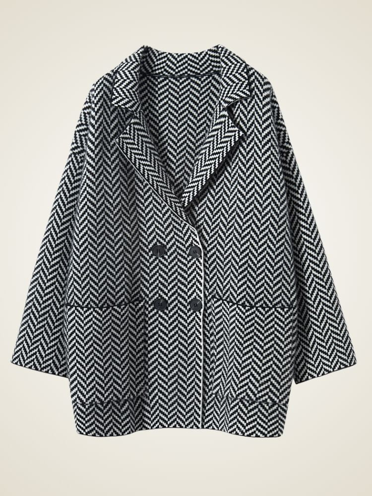 Elysia - Black Herringbone Cashmere Coat | The Cashmere Studio
