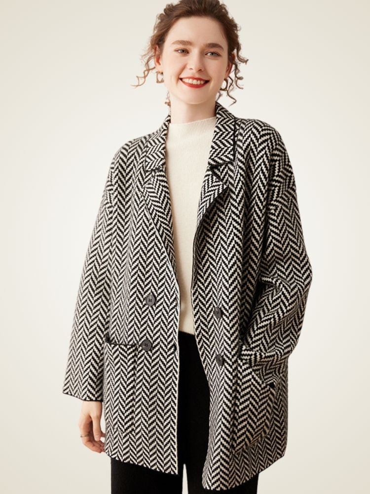Elysia - Black Herringbone Cashmere Coat | The Cashmere Studio