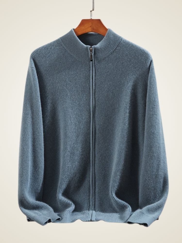Preston - Blue Ribbed Cashmere Zip-Up Cardigan | The Cashmere Studio