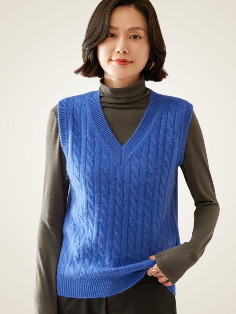 Marlene - Blue Cable-Knit Cashmere Vest | The Cashmere Studio