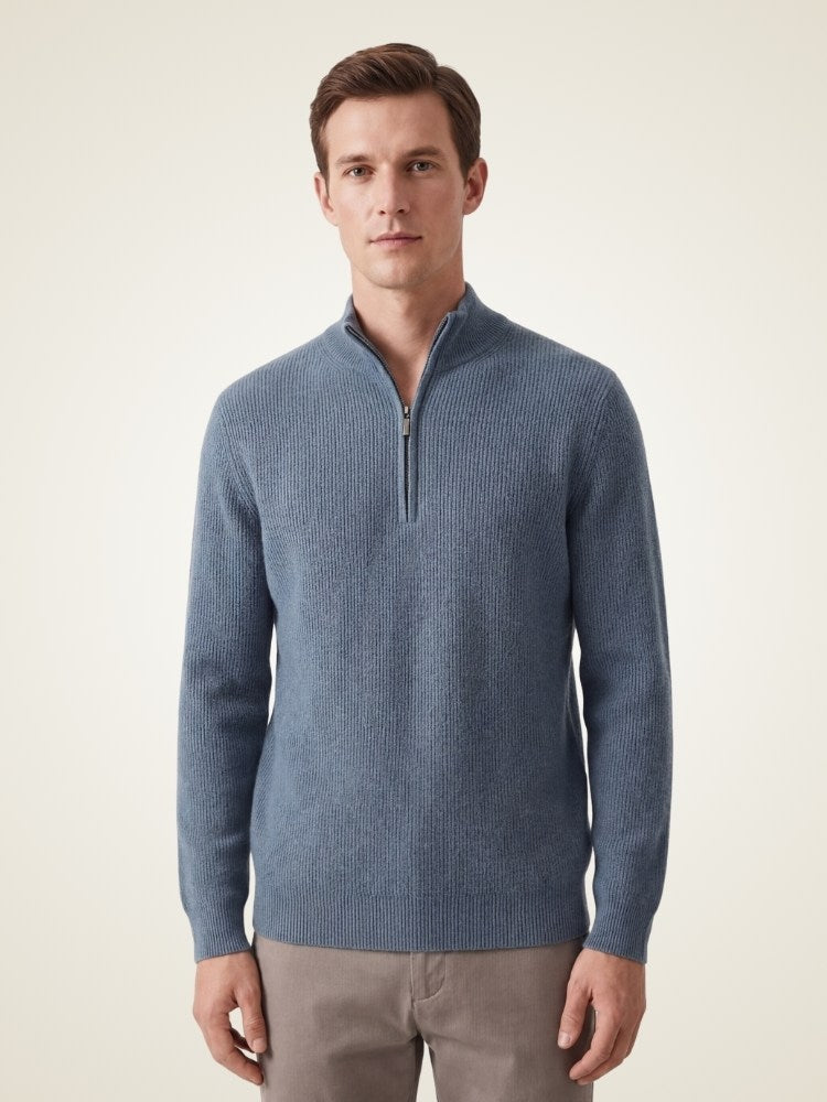 Caspian - Blue Half Zip Cashmere Sweater | The Cashmere Studio