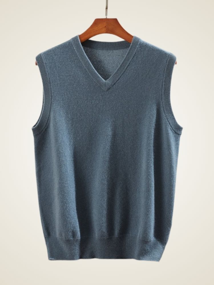 Monte - Blue Gray V-Neck Cashmere Vest | The Cashmere Studio