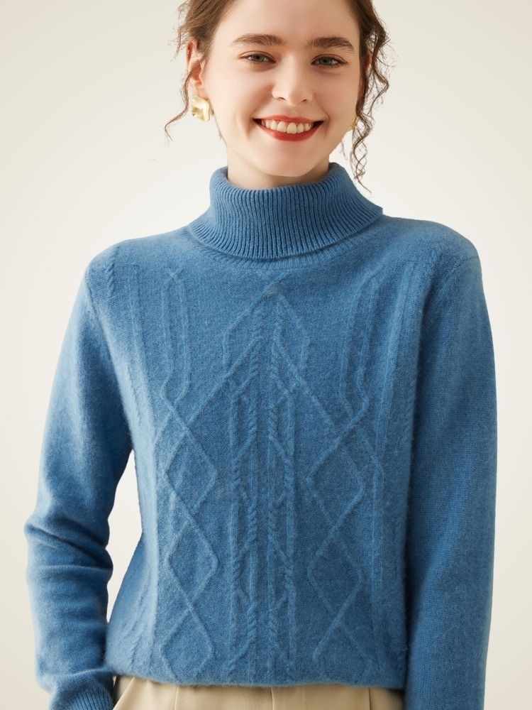 Oriana - Blue Cable-Knit Cashmere Turtleneck | The Cashmere Studio