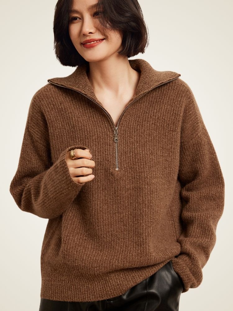 Reina - Brown Half-Zip Cashmere Sweater | The Cashmere Studio