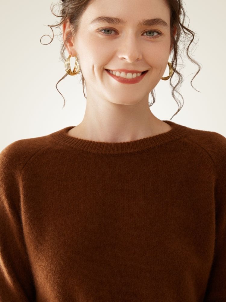 Yeloria - Brown Raglan Sleeves Cashmere Sweater | The Cashmere Studio