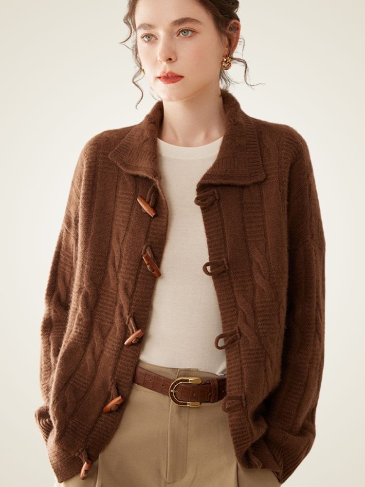 Romelda - Brown Cable Knit Cashmere Cardigan | The Cashmere Studio