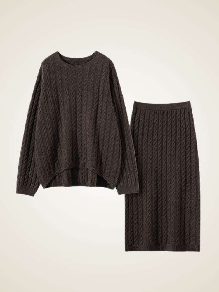 Natalina - Brown Cable-Knit Cashmere Set | The Cashmere Studio