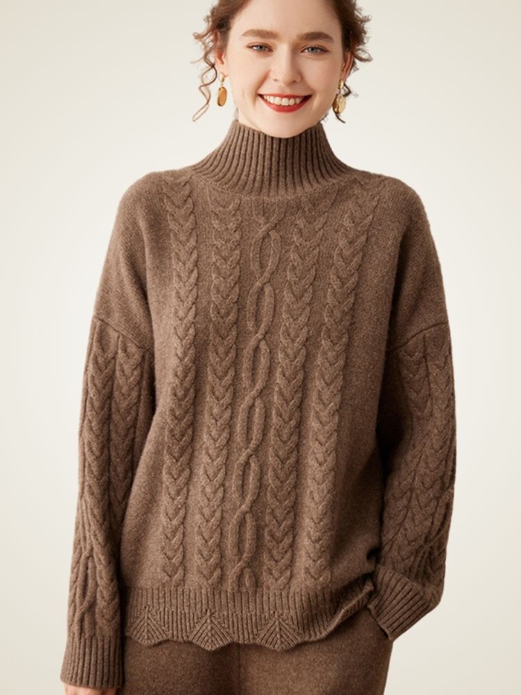 Odessa - Brown Cable-Knit Cashmere Turtleneck | The Cashmere Studio