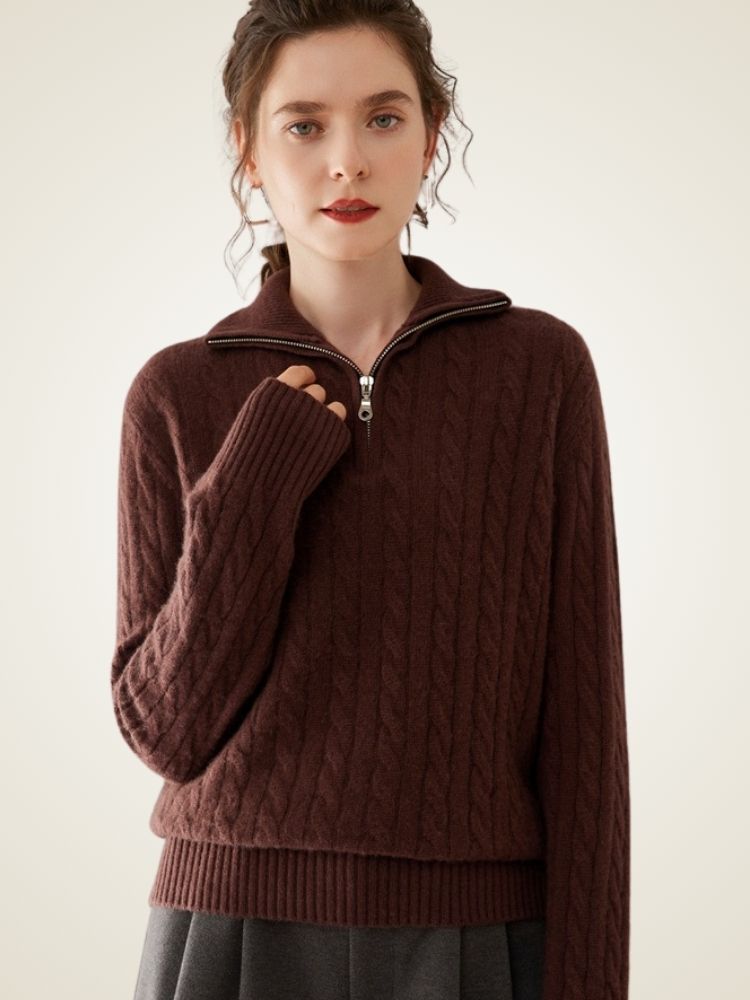 Milana - Brown Half-Zip Cashmere Sweater | The Cashmere Studio