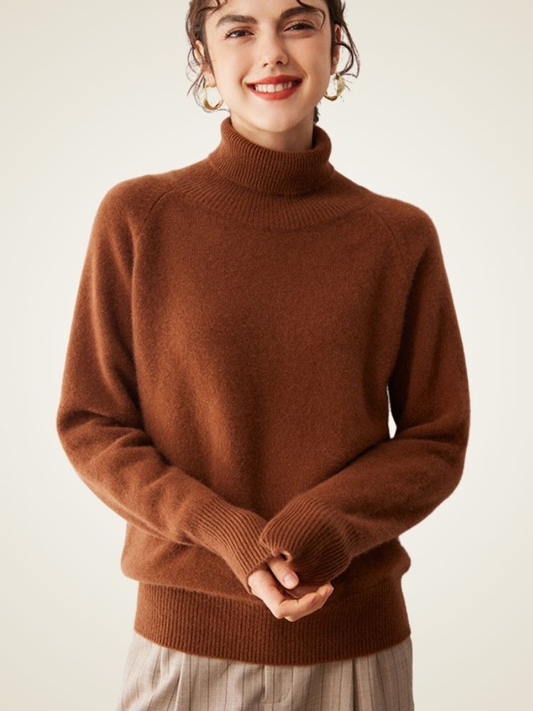 Perla - Brown High Turtleneck Cashmere Sweater | The Cashmere Studio