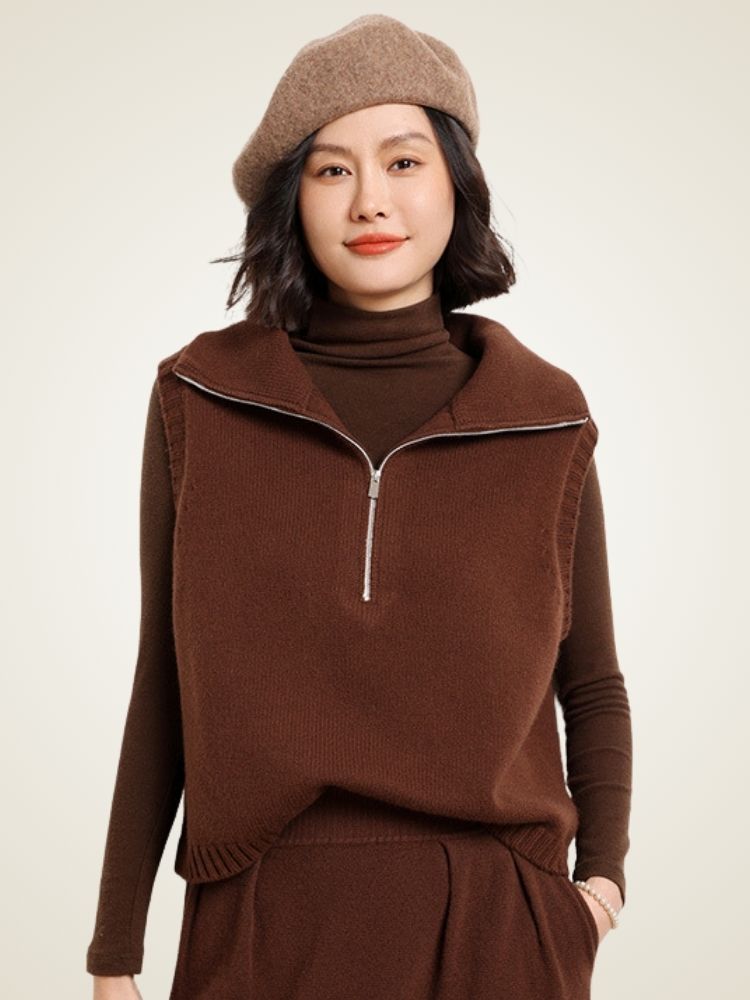 Adara - Brown Half-Zip Cashmere Vest | The Cashmere Studio