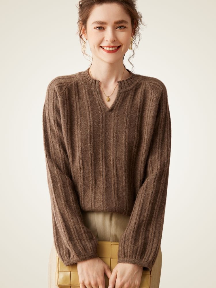 Arelia - Brown Ribbed Cashmere Sweater | The Cashmere Studio