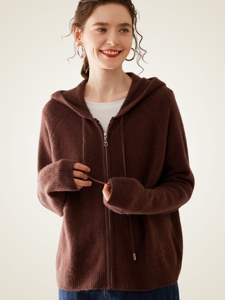 Hesper - Brown Soft Cashmere Zip-Up Hoodie | The Cashmere Studio