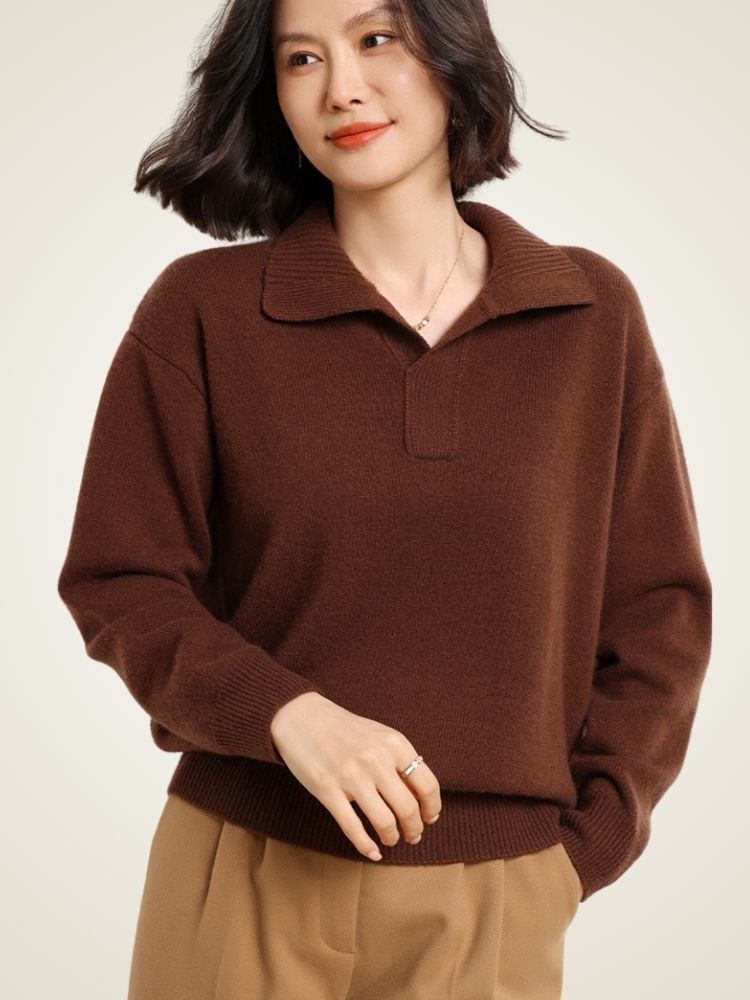 Indessa - Brown Collared Cashmere Pullover | The Cashmere Studio