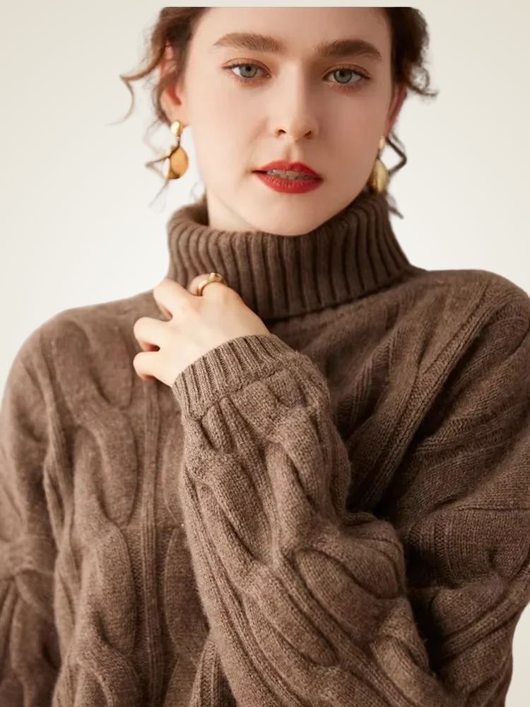 Jordana - Brown Textured Cashmere Turtleneck | The Cashmere Studio