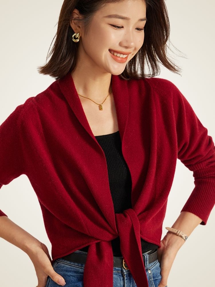Abilene - Burgundy Tie-Waist Cashmere Wrap Cardigan | The Cashmere Studio