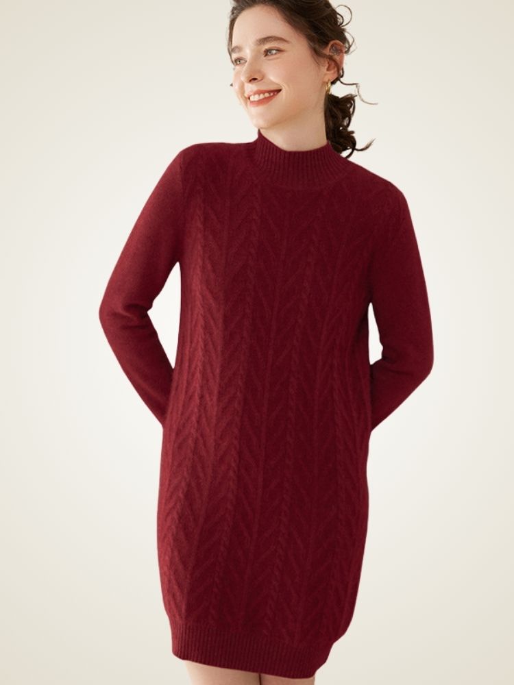 Sandrine - Burgundy Cable Knit Cashmere Midi Dress | The Cashmere Studio