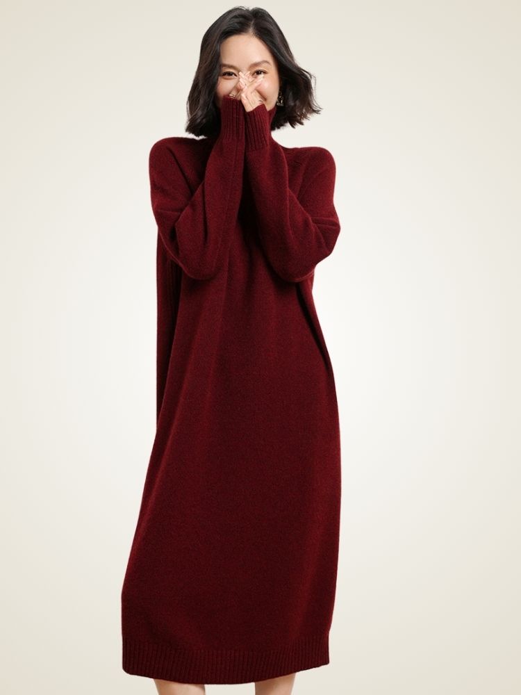 Mirel - Burgundy Turtleneck Cashmere Dress | The Cashmere Studio