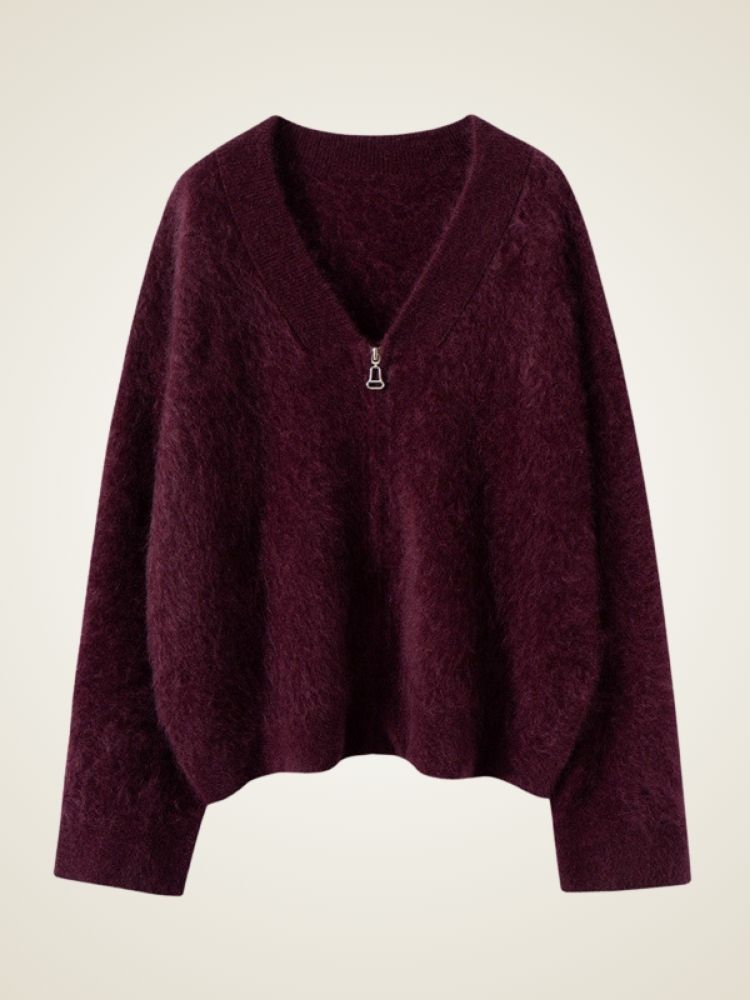 Neyla - Burgundy Zip-Up Cashmere Cardigan | The Cashmere Studio