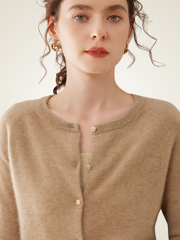 Dana - Camel Classic Pure Cashmere Cardigan | The Cashmere Studio