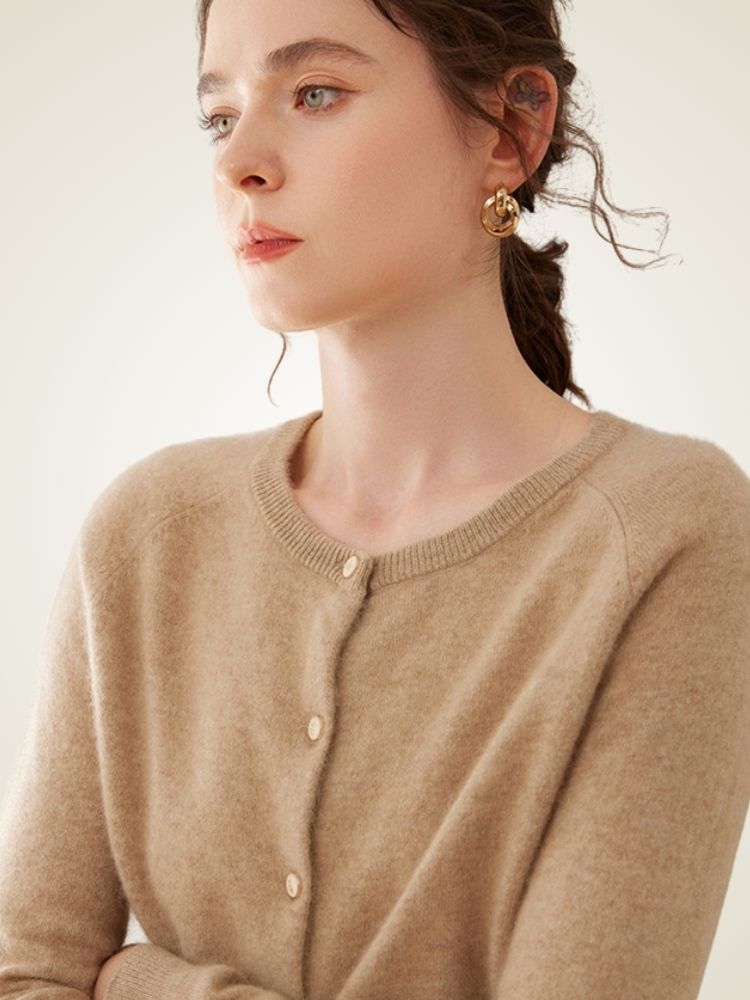 Dana - Camel Classic Pure Cashmere Cardigan | The Cashmere Studio