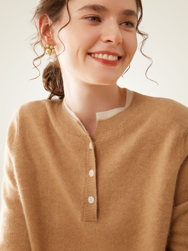 Zephara - Camel Classic Cashmere Henley Sweater | The Cashmere Studio
