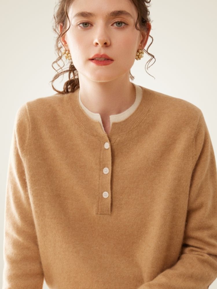 Zephara - Camel Classic Cashmere Henley Sweater | The Cashmere Studio