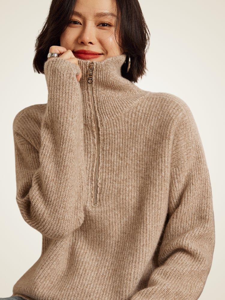 Reina - Camel Half-Zip Cashmere Sweater | The Cashmere Studio