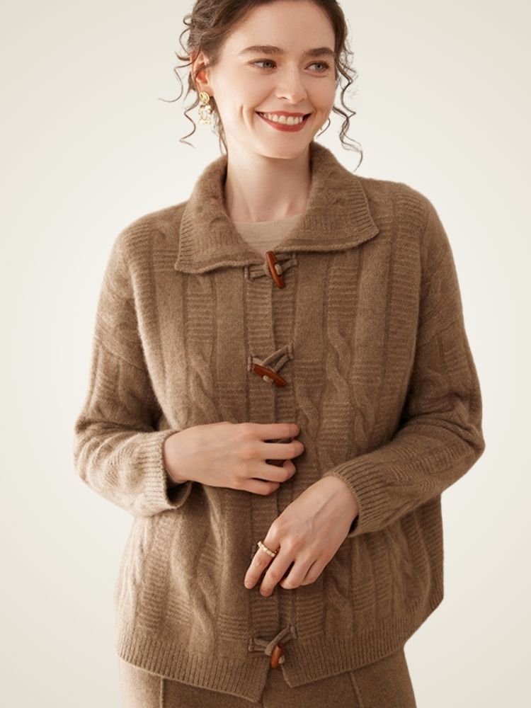 Romelda - Camel Cable Knit Cashmere Cardigan | The Cashmere Studio