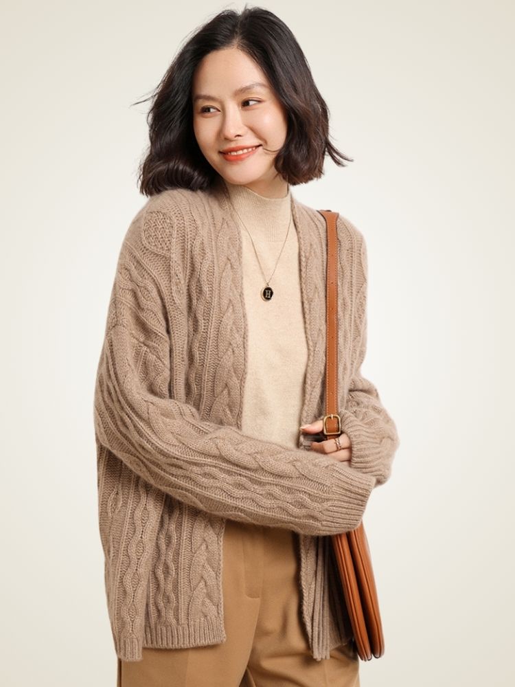 Azelis - Camel Cable-Knit Cashmere Cardigan | The Cashmere Studio