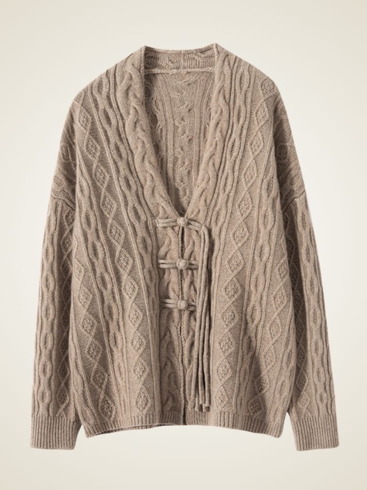 Azelis - Camel Cable-Knit Cashmere Cardigan | The Cashmere Studio
