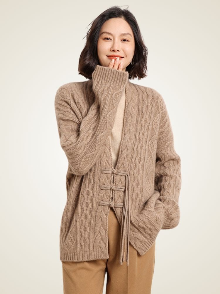 Azelis - Camel Cable-Knit Cashmere Cardigan | The Cashmere Studio