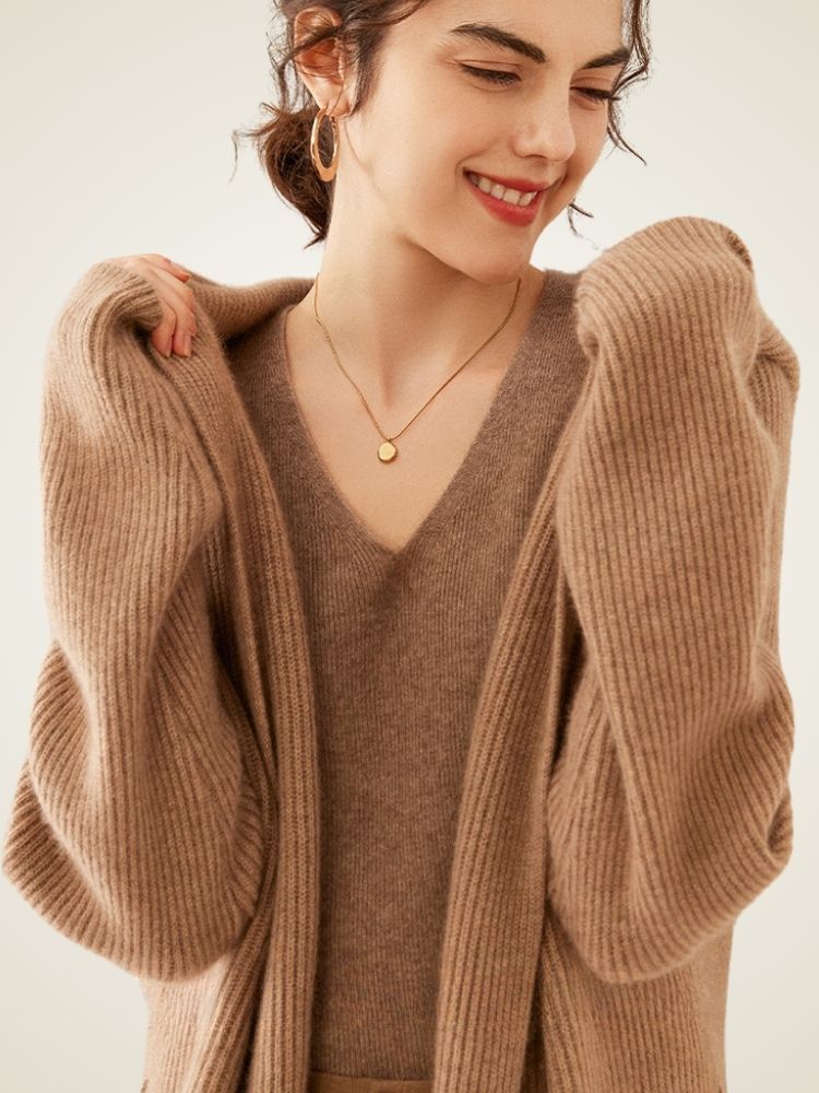 Alura - Camel Long Cashmere Cardigan | The Cashmere Studio